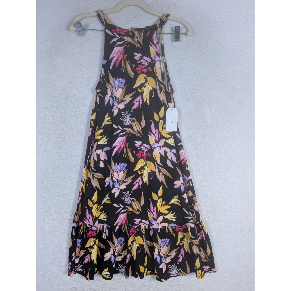 NEW Time and Tru Halter Dress Women's XS Black Multi Floral Ruffle Hem 14574